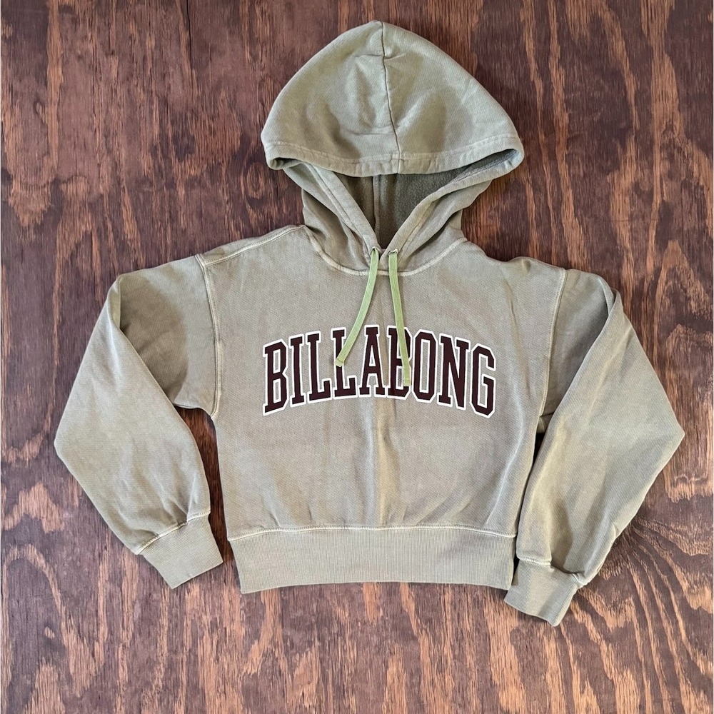 Billabong Women's S Sage Green Cropped Arch Logo Hoodie Washed Surf Skate